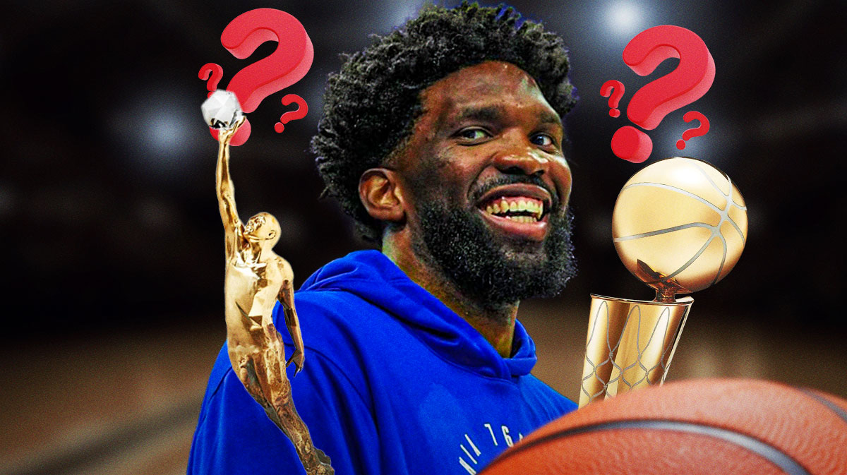 76ers' Joel Embiid smiling, with MVP award, NBA championship trophy, and question marks around him