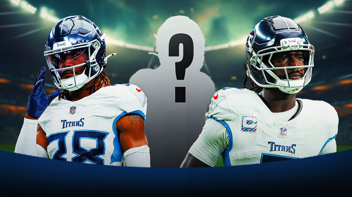 Titans WR Calvin Ridley with CB L'Jarius Sneed and a silhouette of an American football player with a big question mark emoji inside.