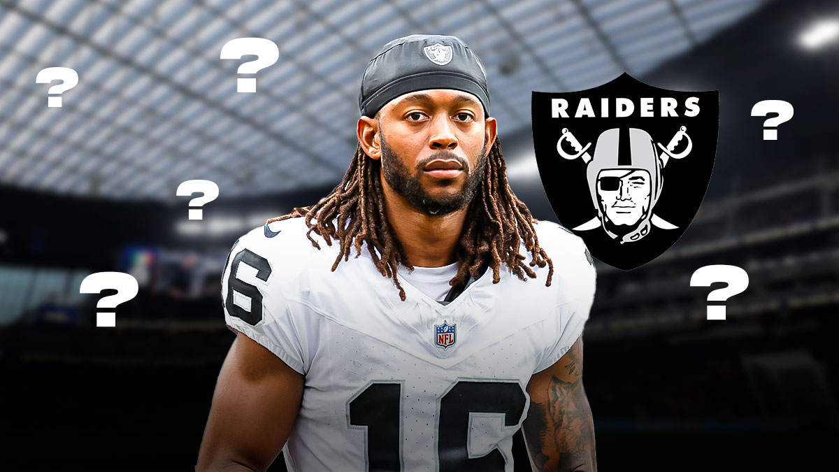 Jakobi Meyers in the midde, Question marks around him, Las Vegas Raiders logo in the background