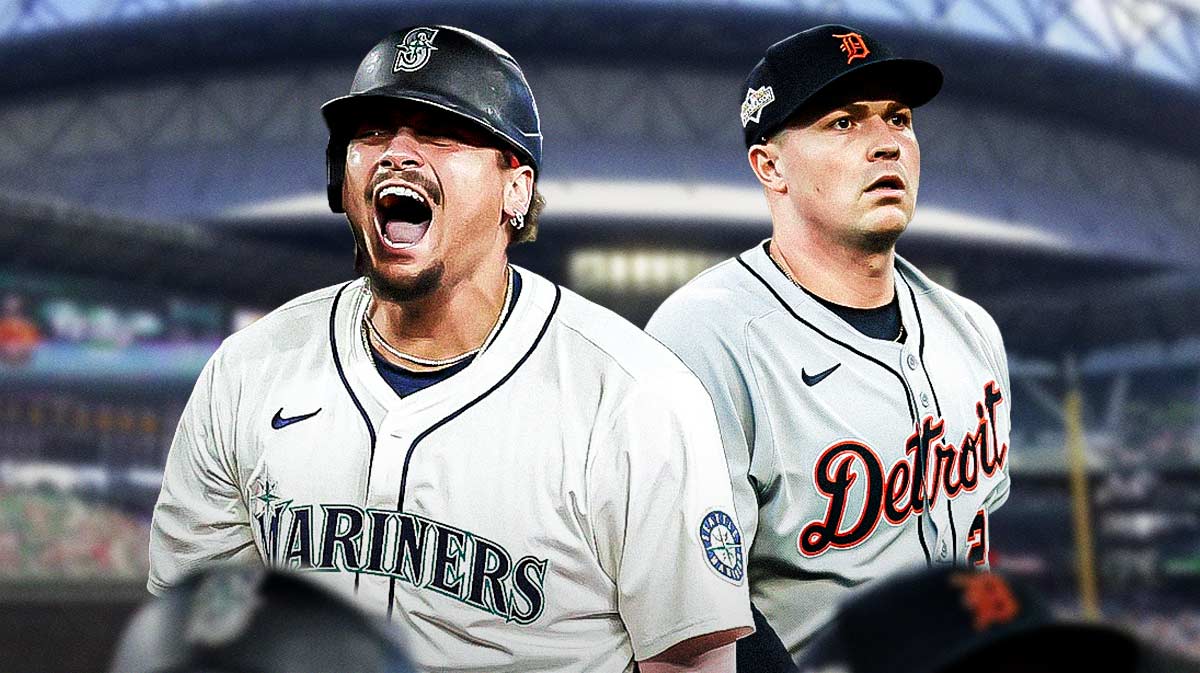 Mariners' Josh Naylor, Tigers' Tarik Skubal, T-Mobile Park in back