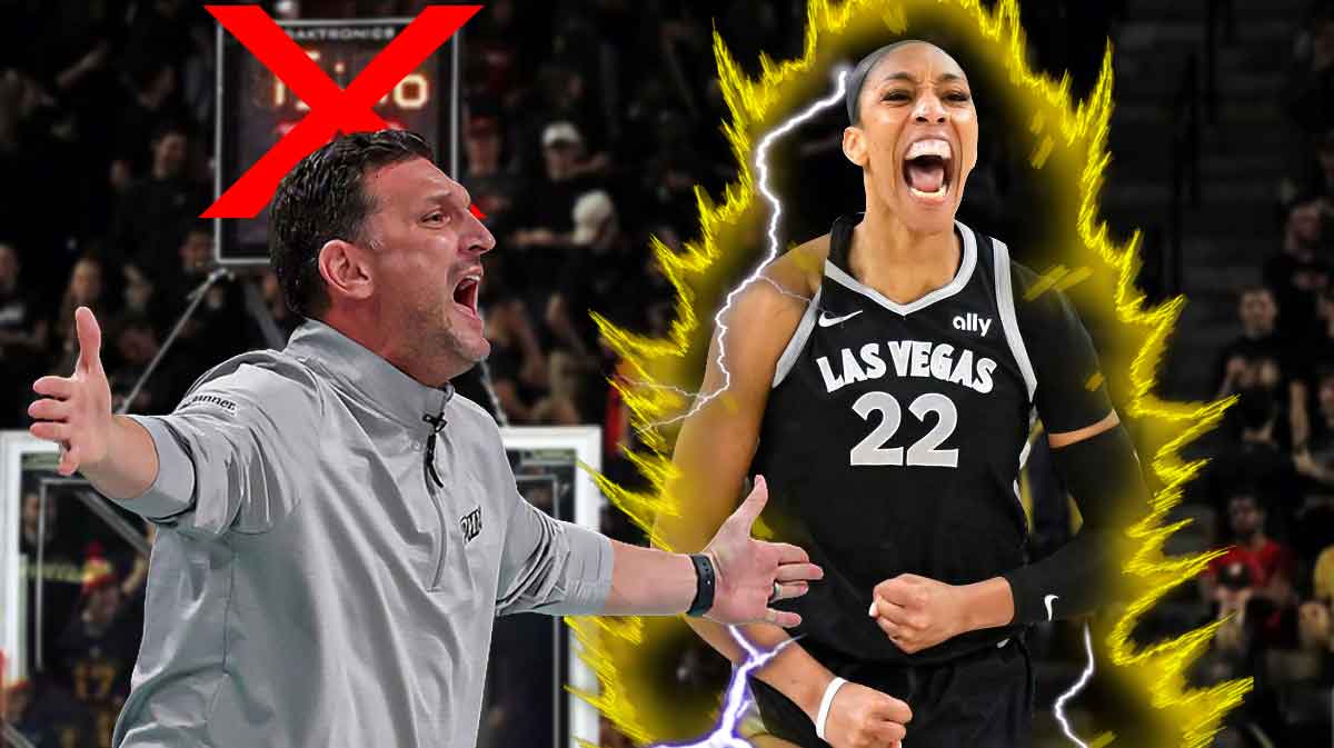 Phoenix Mercury head coach Nate Tibbetts looking disappointed, with a shot clock above him a big, red X going through it. (here's a photo for reference: https://www.si.com/.image/t_share/MTY4MjU5NjcyNjEyMjE4NzUz/image-placeholder-title.jpg). Also, there is a WNBA basketball covered in ice, and A'ja Wilson with a super saiyan glow around her.