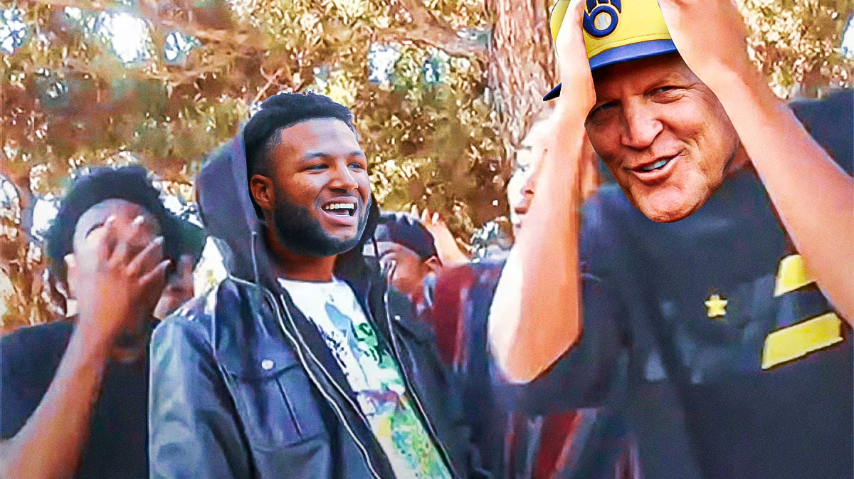 Jackson Chourio (Brewers) as the guy with the hoodie and Pat Murphy (Brewers manager) as the guy with hands on head.