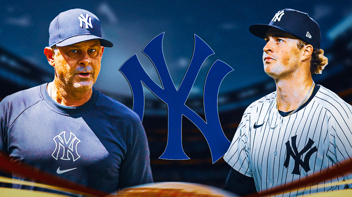 IMAGE: New York Yankees logo in center, New York Yankees manager Aaron Boone on the left side, New York Yankees starting pitcher Cam Schlittler on the right side, Yankee Stadium (home stadium of the New York Yankees) in the background