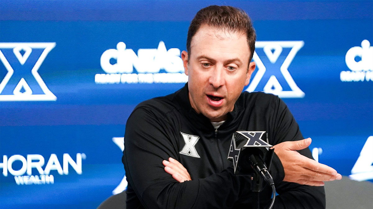 Xavier Musketeers head coach Richard Pitino speaks to media after the Musketeers’ game against the Murray State Racers, Saturday, Oct. 18, 2025, at Cintas Center in Cincinnati.