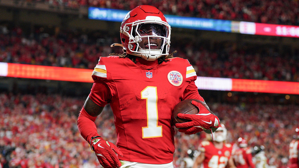 Kansas City Chiefs wide receiver Xavier Worthy (1) celebrates after scoring a touchdown against the New Orleans Saints during the game at GEHA Field at Arrowhead Stadium.
