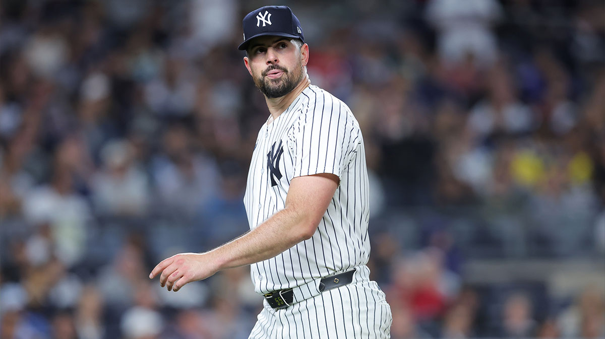 New York Yankees starting pitcher Carlos Rodon (55) looks on after leaving the game during the seventh inning against the Boston Red Sox during game two of the Wildcard round for the 2025 MLB playoffs at Yankee Stadium.