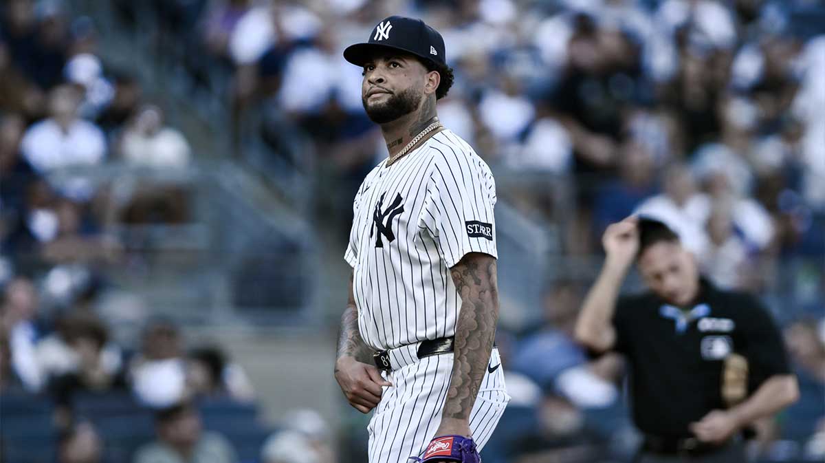 New York Yankees pitcher Luis Gil (81) reacts as he heads to the dugout after the fourth inning against the Baltimore Orioles at Yankee Stadium.