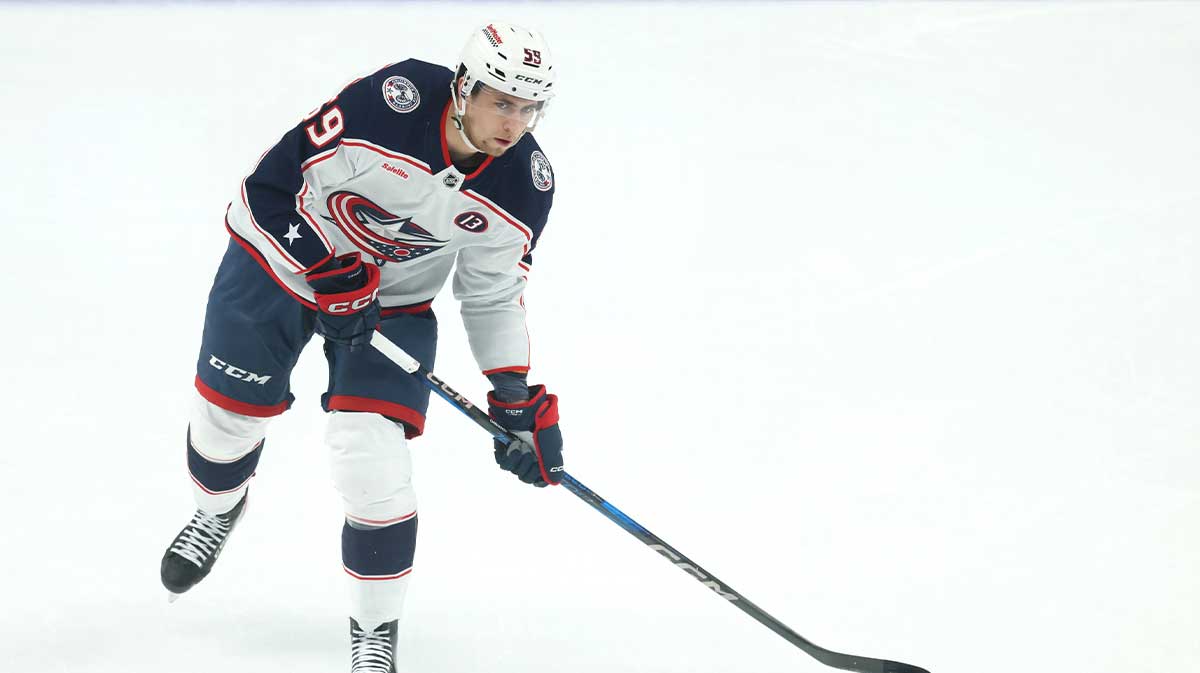 Columbus Blue Jackets right wing Yegor Chinakhov (59) warms up before the game against the Pittsburgh Penguins at PPG Paints Arena.