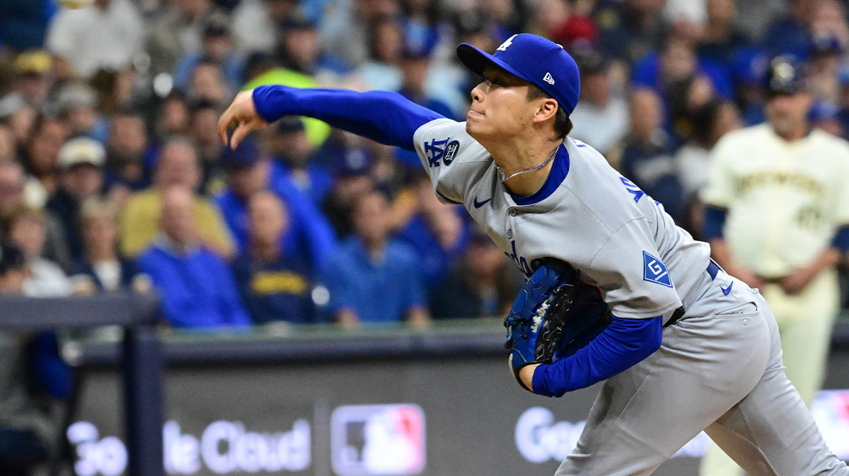 Los Angeles Dodgers pitcher Yoshinobu Yamamoto (18) throws a pitch against the Milwaukee Brewers in the second inning during game two of the NLCS round for the 2025 MLB playoffs at American Family Field.