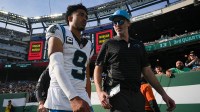 Carolina Panthers quarterback Bryce Young (9) walks out of MetLife Stadium during a game against the New York Jets, Oct 19, 2025, East Rutherford, NJ, USA.