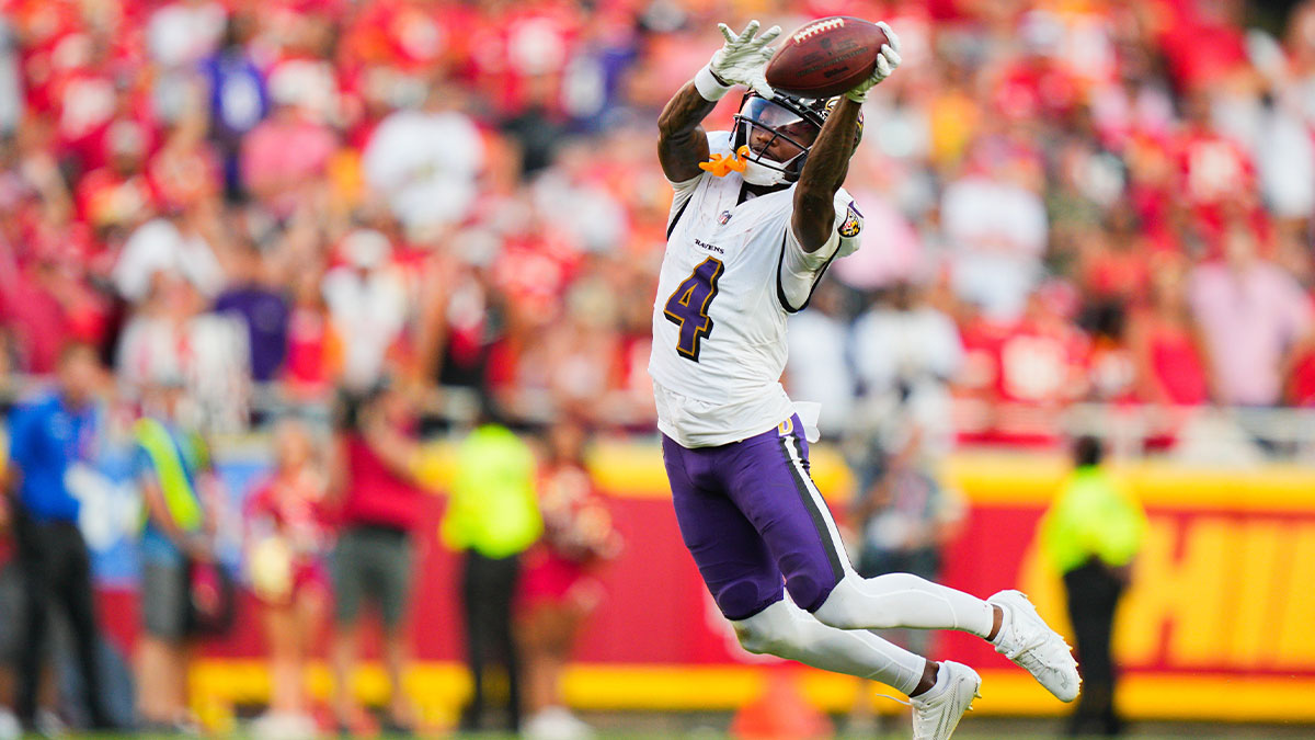 Baltimore Ravens wide receiver Zay Flowers (4) makes a catch during the fourth quarter against the Kansas City Chiefs at GEHA Field at Arrowhead Stadium.