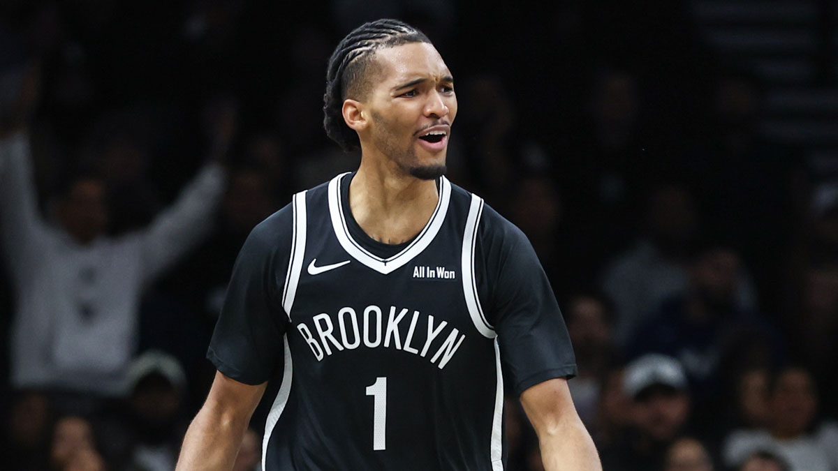 Oct 24, 2025; Brooklyn, New York, USA; Brooklyn Nets forward Ziaire Williams (1) reacts to a no-call by the officials in the fourth quarter against the Cleveland Cavaliers at Barclays Center. Mandatory Credit: Wendell Cruz-Imagn Images
