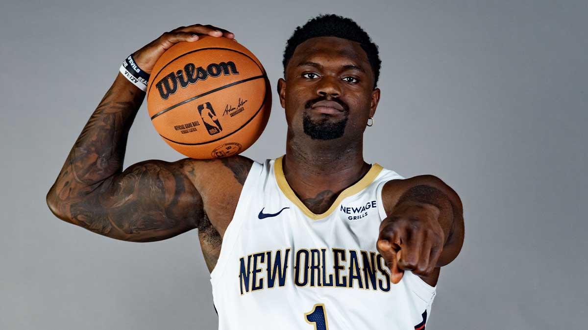 New Orleans Pelicans forward Zion Williamson (1) takes part in media day at Ochsner Sports Performance Center.