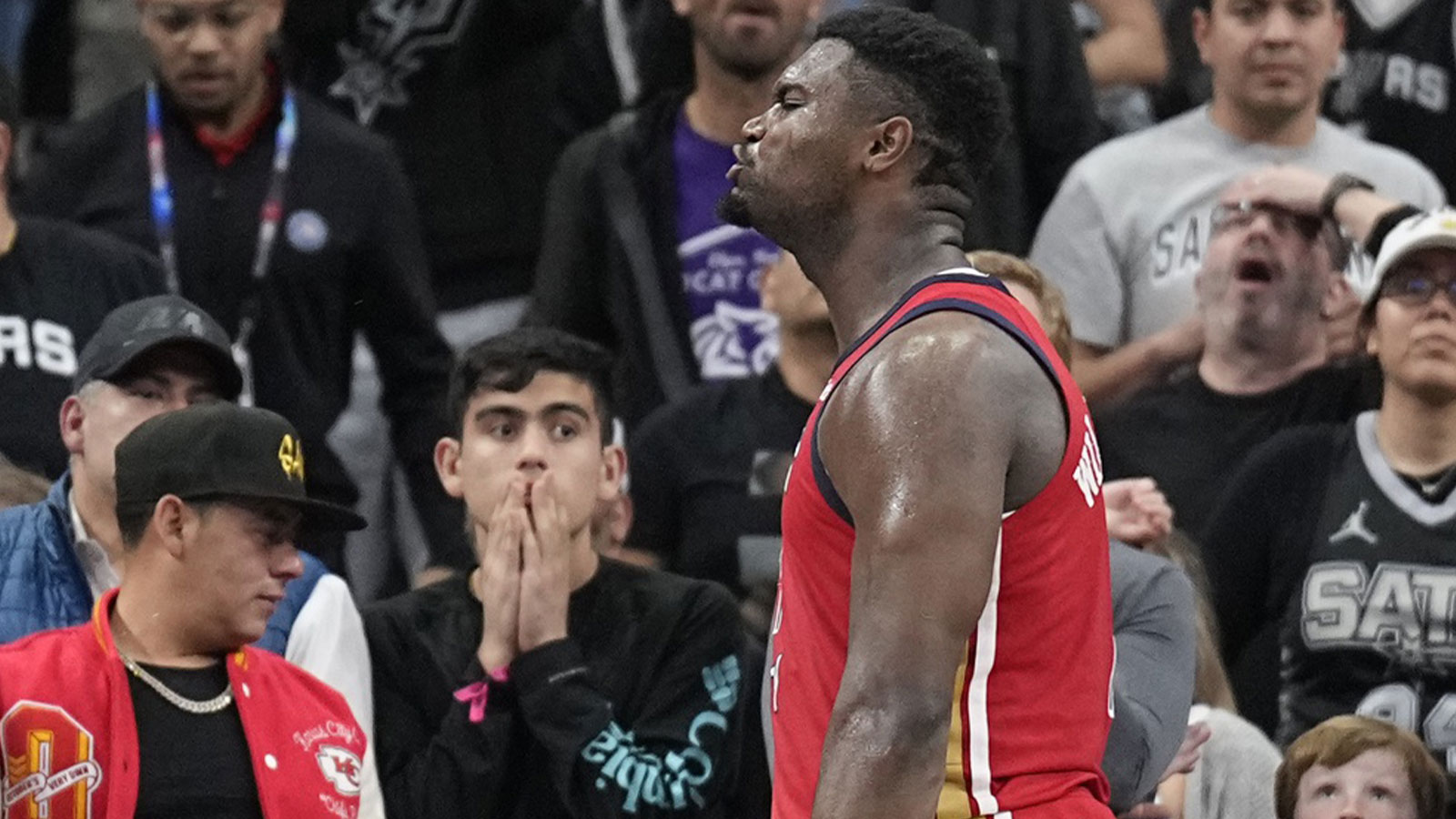 New Orleans Pelicans forward Zion Williamson (1) reacts after scoring in the final seconds of the game against the San Antonio Spurs at Frost Bank Center. 