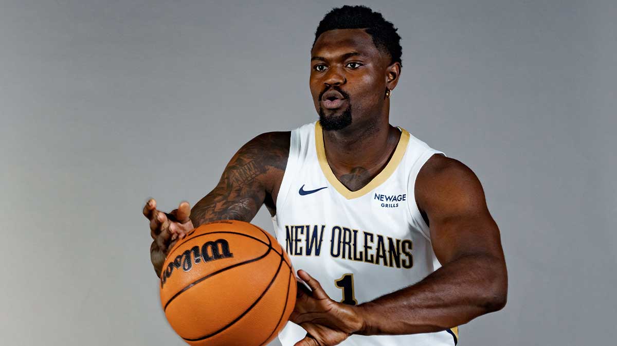 New Orleans Pelicans forward Zion Williamson (1) takes part in media day at Ochsner Sports Performance Center.