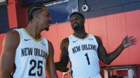 New Orleans Pelicans guard Trey Murphy III (25), and forward Zion Williamson (1) take part in media day at Ochsner Sports Performance Center.