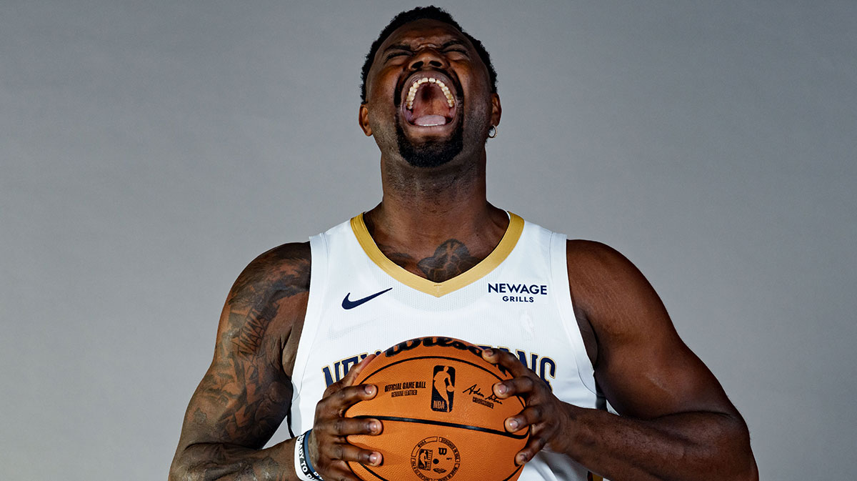 New Orleans Pelicans forward Zion Williamson (1) takes part in media day at Ochsner Sports Performance Center.