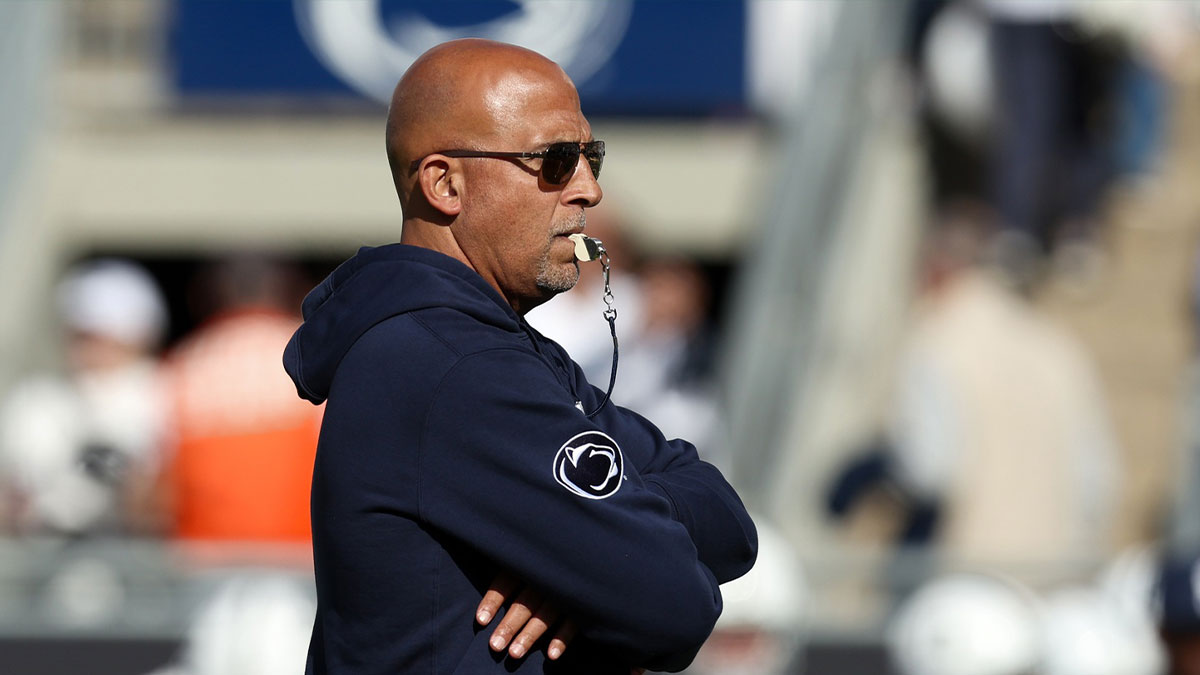 Penn State Nittany Lions head coach James Franklin stands on the field during a warmup prior to the game against the Northwestern Wildcats at Beaver Stadium.