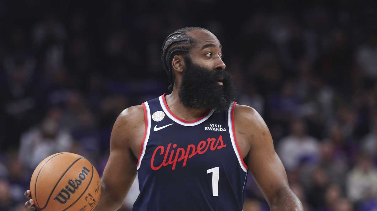 Los Angeles Clippers guard James Harden (1) brings the ball up the court against the Utah Jazz during the second half at Delta Center.