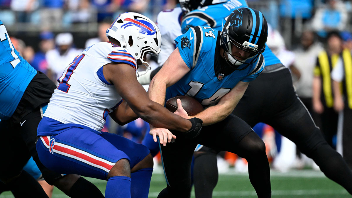 Buffalo Bills defensive tackle Ed Oliver (91) sacks Carolina Panthers quarterback Andy Dalton (14) during the first half at Bank of America Stadium.