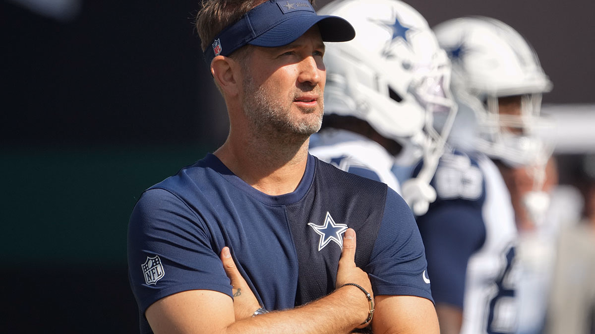 Dallas Cowboys head coach Brian Schottenheimer stands on the field during warm ups prior to a game against the New York Jets at MetLife Stadium.