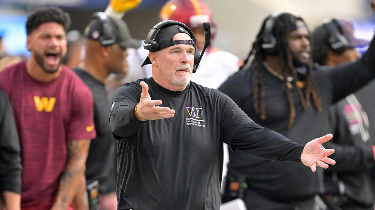 Washington Commanders head coach Dan Quinn reacts in the second half against the Los Angeles Chargers at SoFi Stadium.