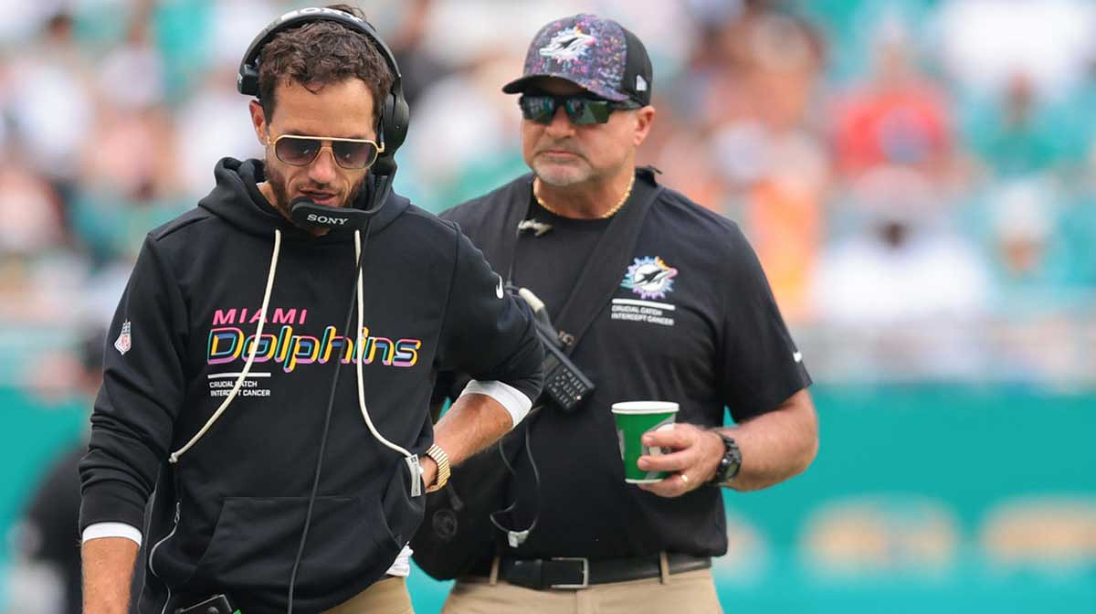 Miami Dolphins head coach Mike McDaniel walks on the sideline against the Los Angeles Chargers during the fourth quarter at Hard Rock Stadium.