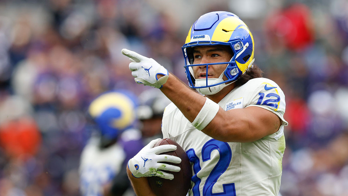 Los Angeles Rams wide receiver Puka Nacua (12) celebrates after a play against the Baltimore Ravens during the second quarter of the game at M&T Bank Stadium.