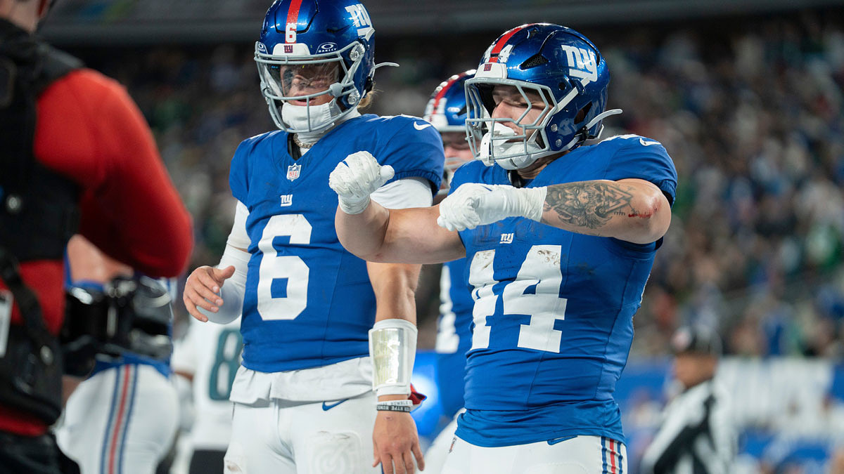 New York Giants running back Cam Skattebo (44) and New York Giants quarterback Jaxson Dart (6) celebrate after a touchdown during a Thursday Night Football game between the New York Giants and the Philadelphia Eagles at MetLife Stadium in East Rutherford on Oct. 9, 2025.