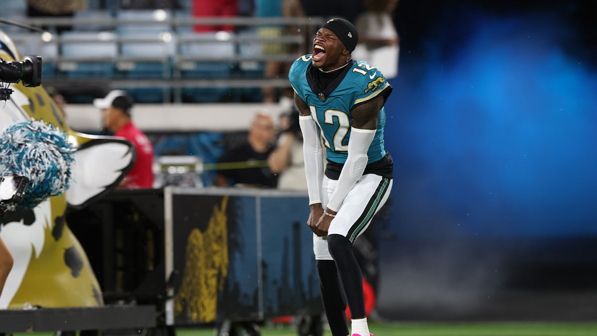 Jacksonville Jaguars wide receiver Travis Hunter (12) is introduced before a game against the Kansas City Chiefs at EverBank Stadium.