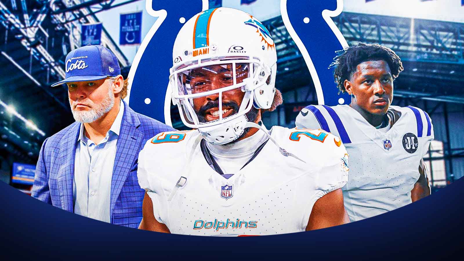 Kendall Fuller in #29 jersey. Colts CB Sauce Gardner and Colts GM Chris Ballard behind him. Indianapolis Colts logo in background