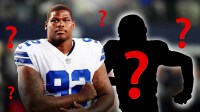 Quinnen Williams in the middle, Mystery player beside him, Cowboys wallpaper in the background with ❓ emojis all over