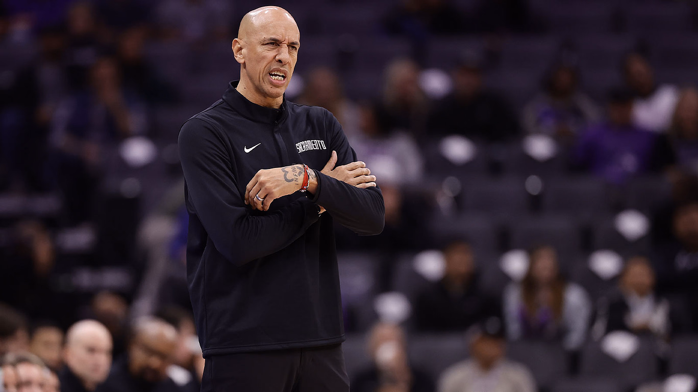 Sacramento Kings head coach Doug Christie on the sideline during the fourth quarter against the Atlanta Hawks at Golden 1 Center.