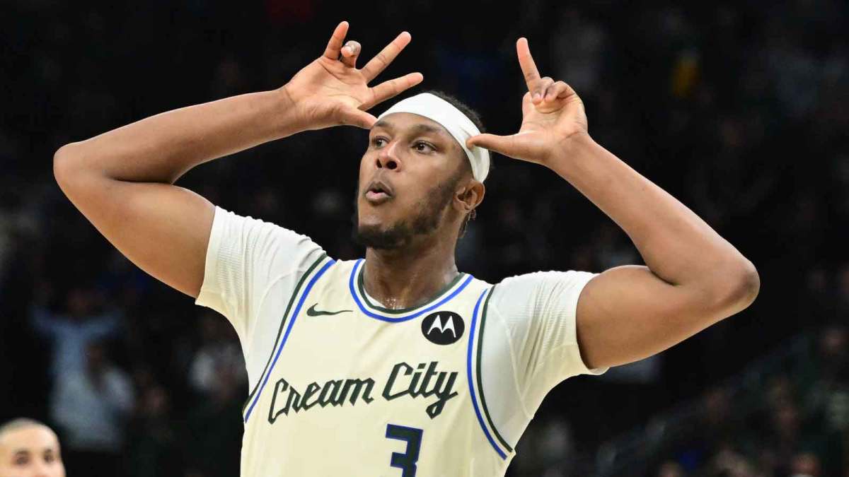 Milwaukee Bucks center Myles Turner (3) reacts after scoring a basket in the 4th quarter against the Philadelphia 76ers at Fiserv Forum. Mandatory Credit: