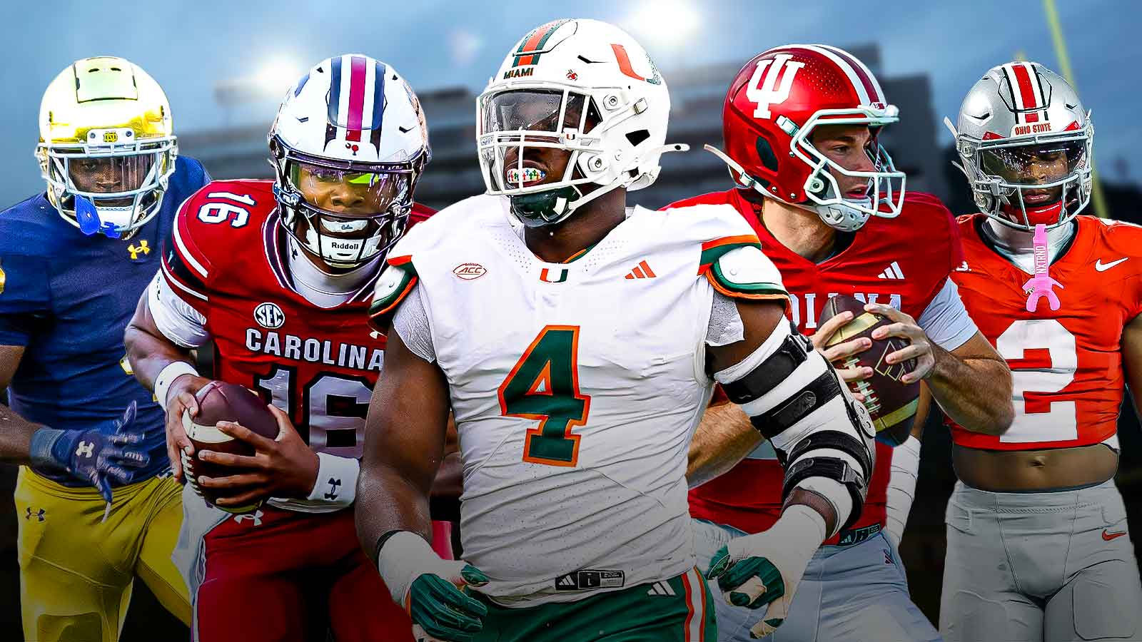 Rueben Bain Jr. Fernando Mendoza, LaNorris Sellers, Jermeiyah Love, Caleb Downs all together. 2026 NFL Draft logo front and center.