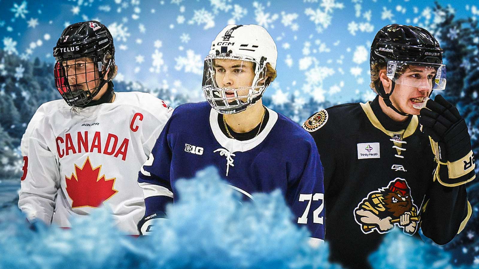 2026 NHL Draft prospects Keaton Verhoeff, Gavin McKenna, and Tynan Lawrence outside in the snow.