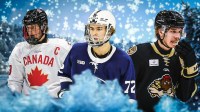 2026 NHL Draft prospects Keaton Verhoeff, Gavin McKenna, and Tynan Lawrence outside in the snow.