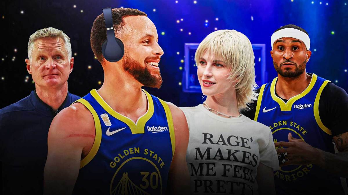 Stephen Curry rocking out to music with Hayley Williams from Paramore. Steve Kerr and Gary Payton II next to them