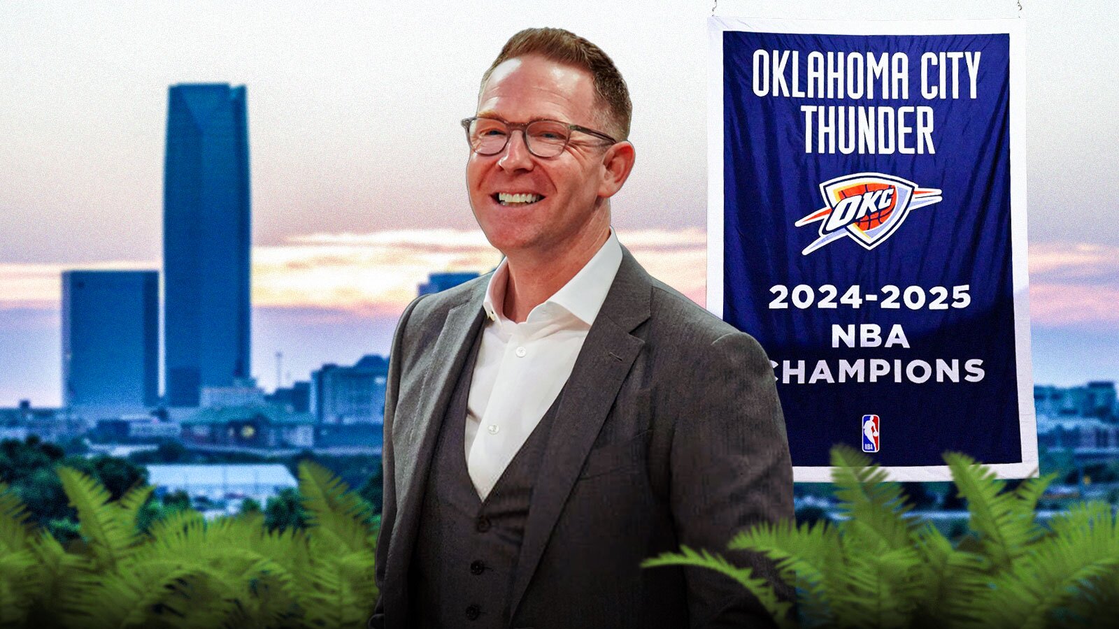 Thunder GM Sam Presti smiling with the Thunder's 2024-25 championship banner hanging in the background of an Oklahoma City skyline