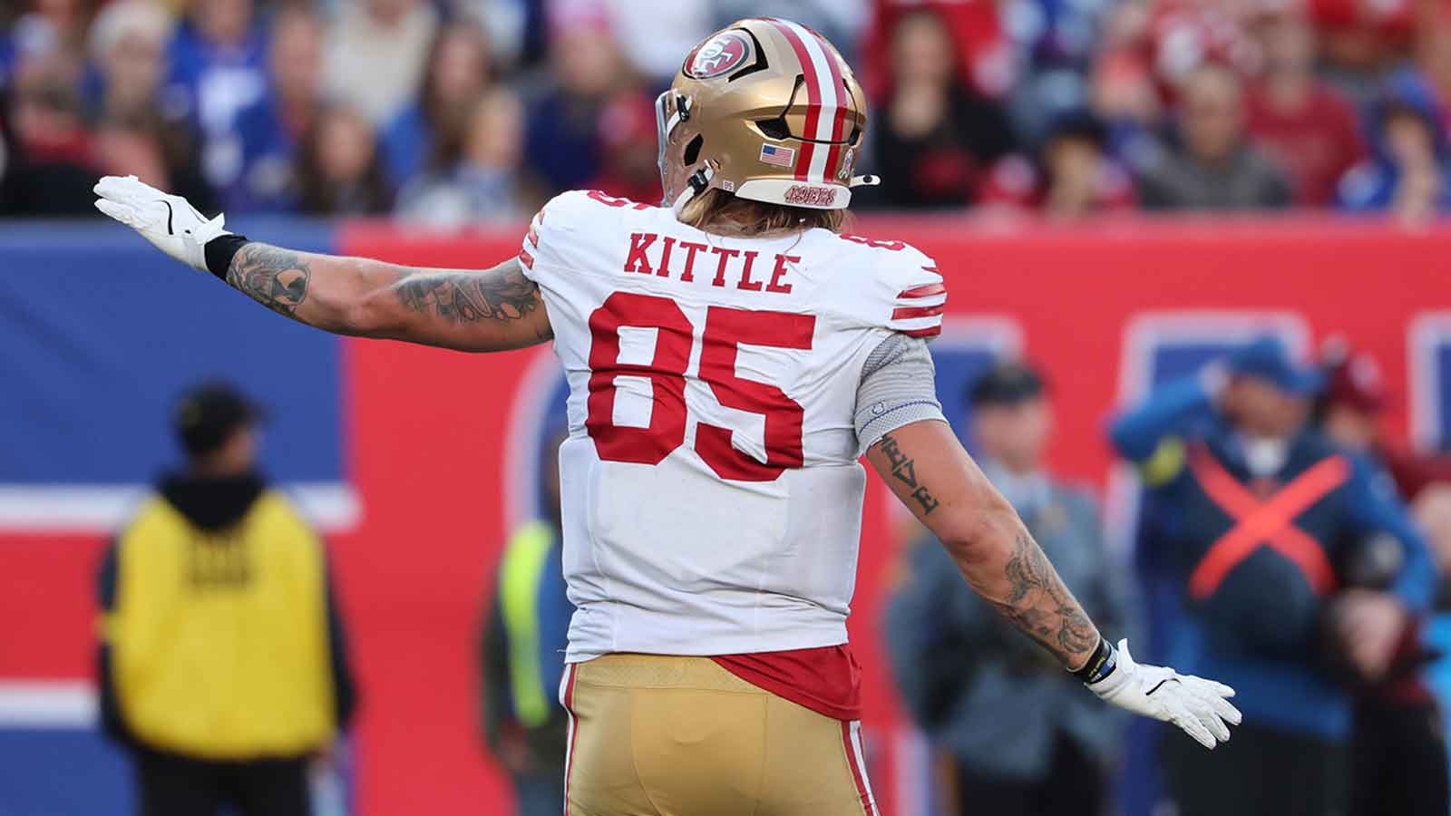 San Francisco 49ers tight end George Kittle (85) dances on the field during a break in the action in the second half against the New York Giants at MetLife Stadium.