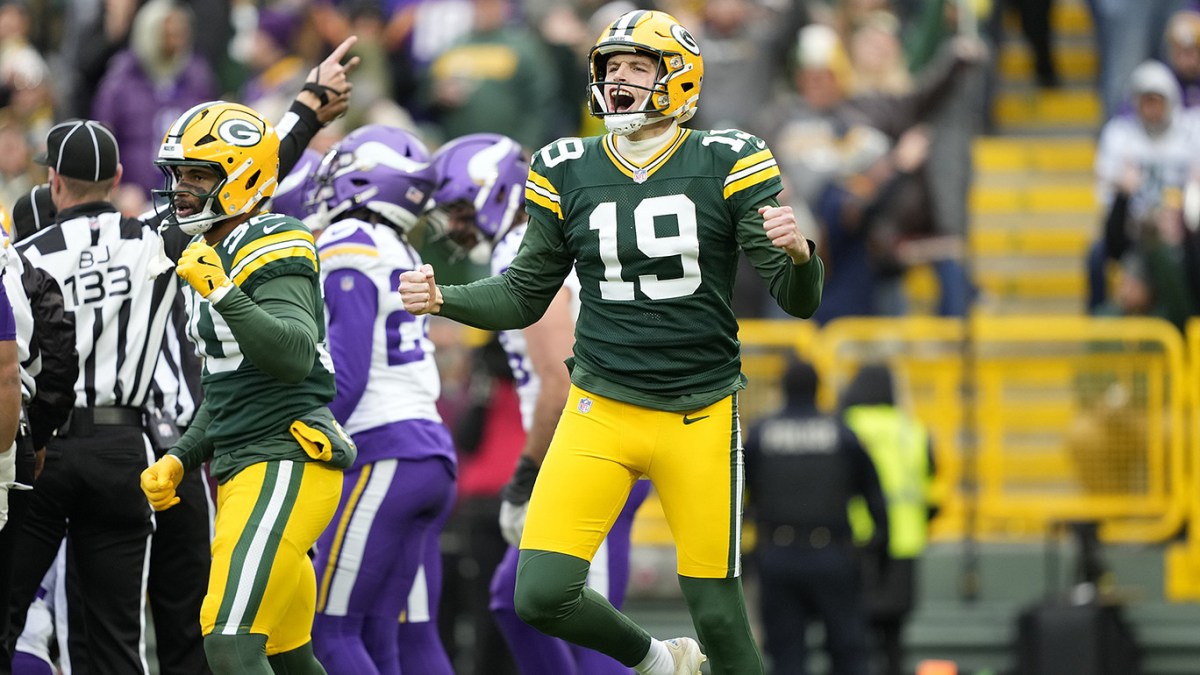 Green Bay Packers punter Daniel Whelan (19) reacts after a fumble recovery on a muffed punt by the Minnesota Vikings during the second half at Lambeau Field.