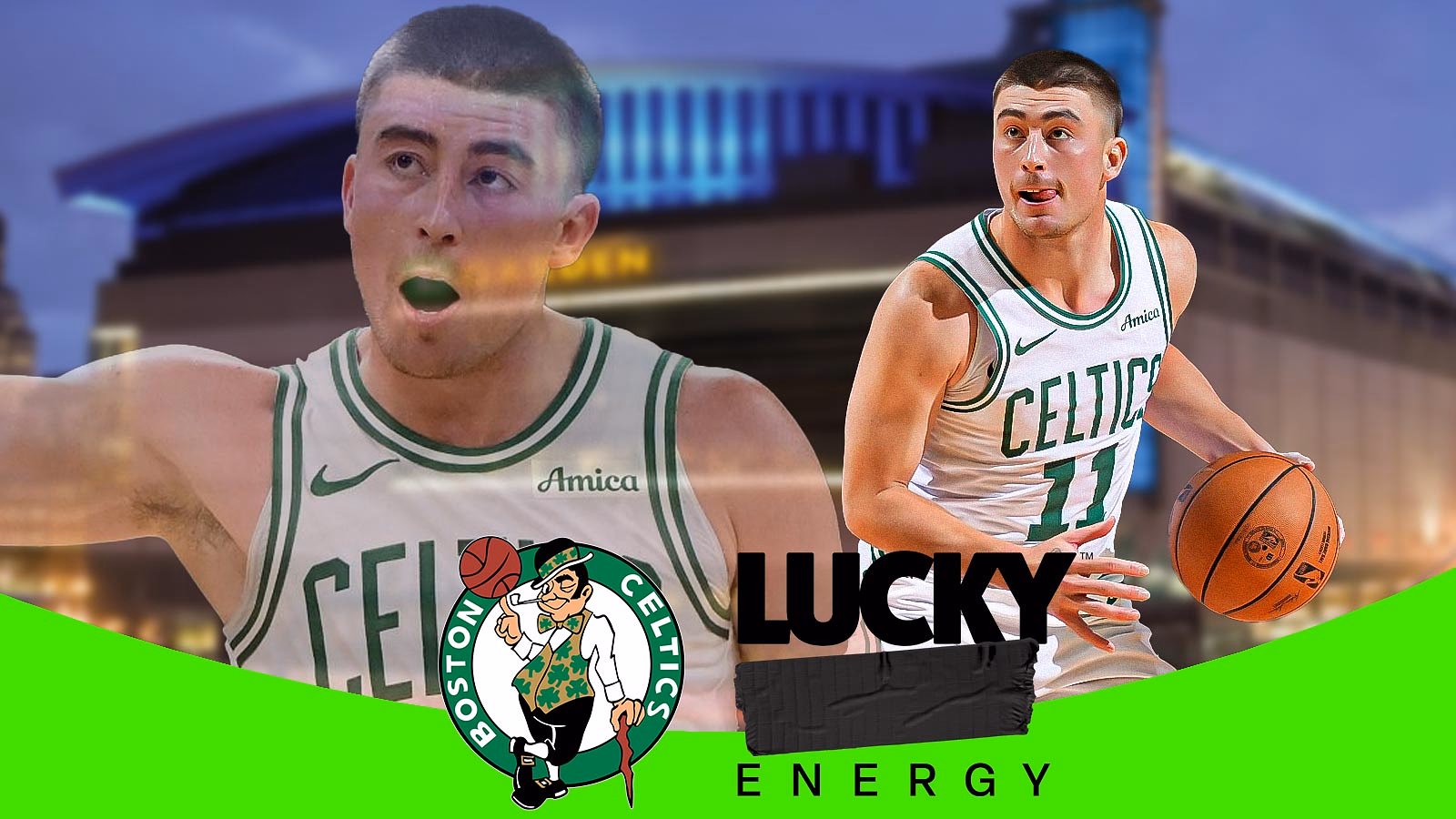 Celtics' Payton Pritchard with Boston and Lucky Energy logos