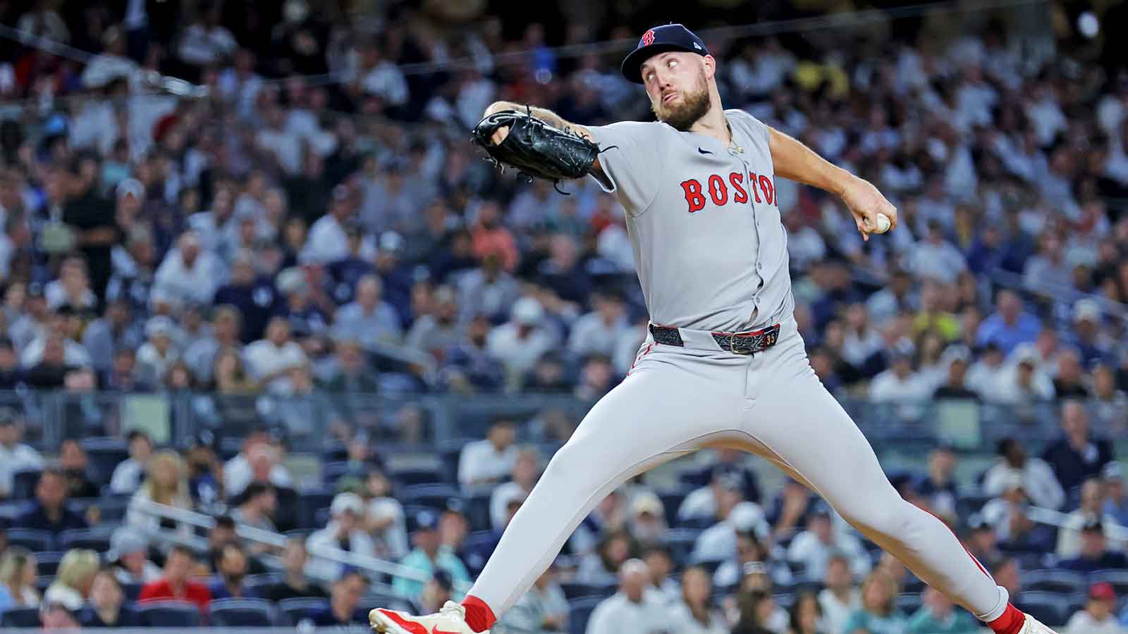 Boston Red Sox pitcher Garrett Crochet (35) throws a pitch during the fourth inning against the New York Yankees during game one of the Wildcard round for the 2025 MLB playoffs at Yankee Stadium.