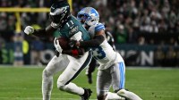 Philadelphia Eagles wide receiver A.J. Brown (11) makes a catch over Detroit Lions cornerback Rock Ya-Sin (23) during the first half at Lincoln Financial Field.