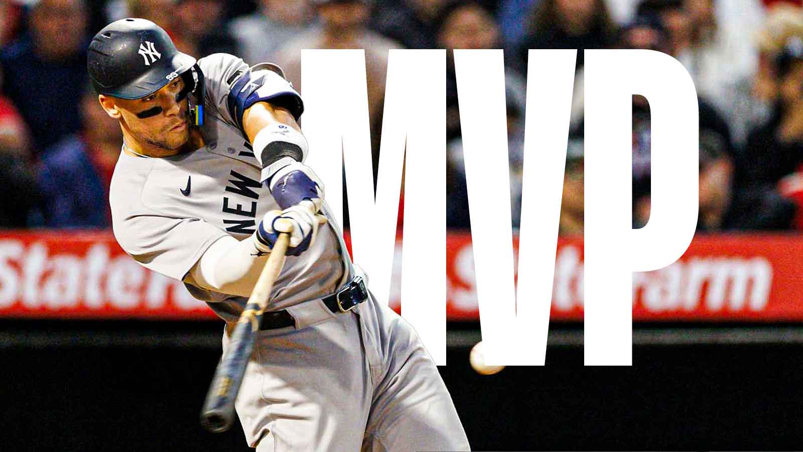 IMAGE: Yankees' Aaron Judge swinging a bat with "MVP" text in the image