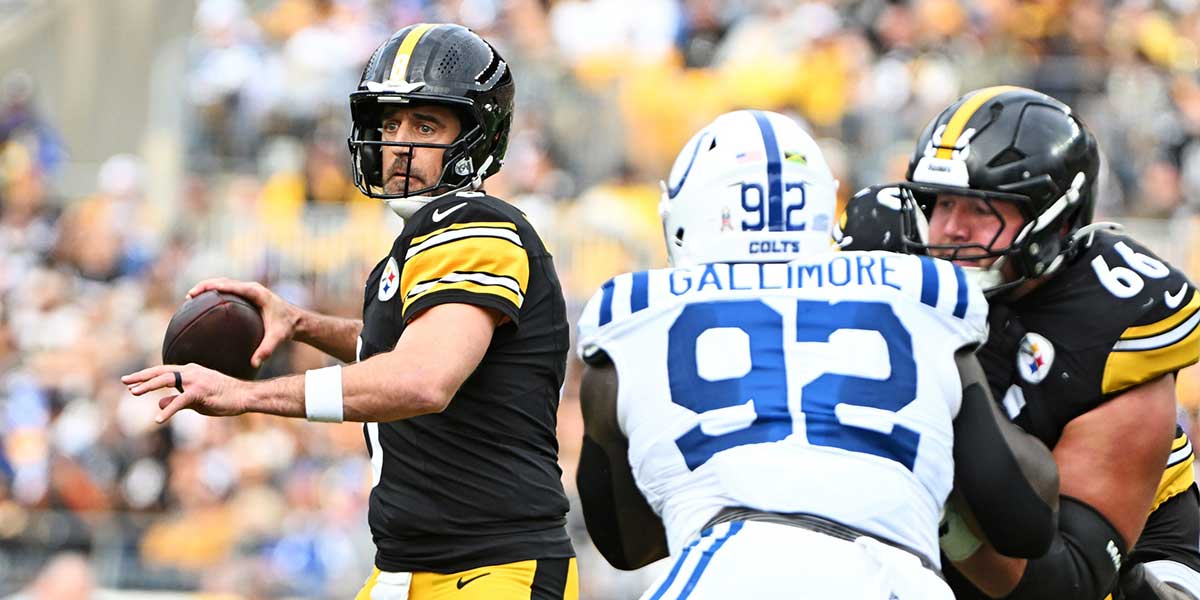 Pittsburgh Steelers quarterback Aaron Rodgers (8) drops back to make a pass during the first half against the Indianapolis Colts at Acrisure Stadium.