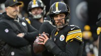 Pittsburgh Steelers quarterback Aaron Rodgers (8) warms up for a game against the Buffalo Bills at Acrisure Stadium. Mandatory Credit: Barry Reeger-Imagn Images