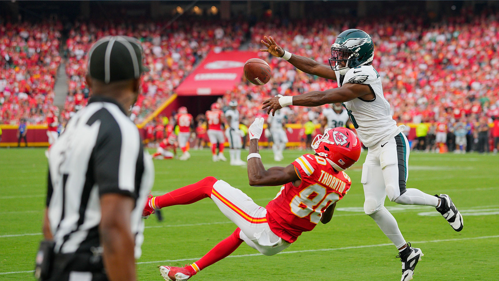 Philadelphia Eagles cornerback Adoree' Jackson (8) breaks up a pass intended for Kansas City Chiefs wide receiver Tyquan Thornton (80) during the fourth quarter of the game at GEHA Field at Arrowhead Stadium.