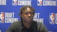 Adou Thiero talks to the media during the 2025 NBA Draft Combine at Marriott Marquis Chicago
