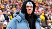 Former Michigan player Aidan Hutchinson on the sideline during the first half between the Michigan and the Ohio State at Michigan Stadium in Ann Arbor on Saturday, Nov. 29, 2025.